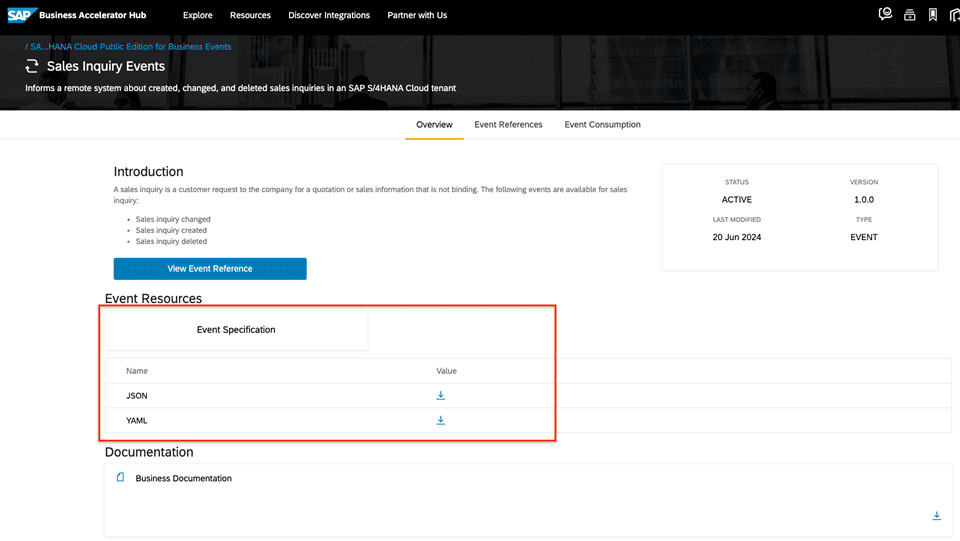 図1：SAP Business Accelerator Hub AsyncAPIダウンロード 